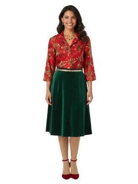 Silkland 100% Pure Silk Red Floral Print Button Front 3/4 Sleeve Shirt Size 10